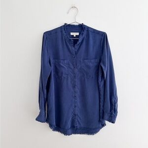 Side Stitch Raw Hem Button Down Long Sleeve Top